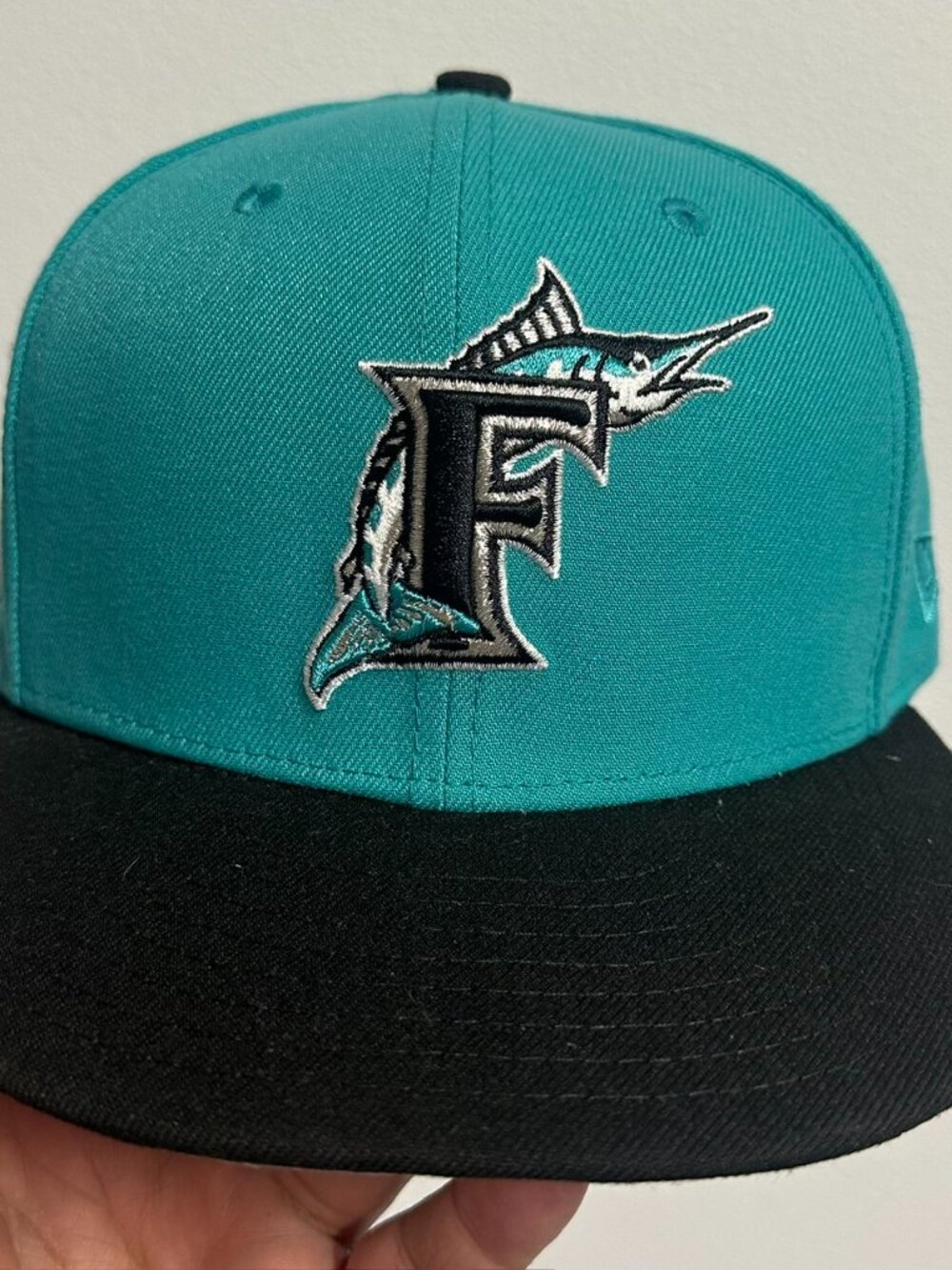 Florida Marlins Teal New Era 10 Year Anniversary Patch Fitted Hat Size 7 3/8